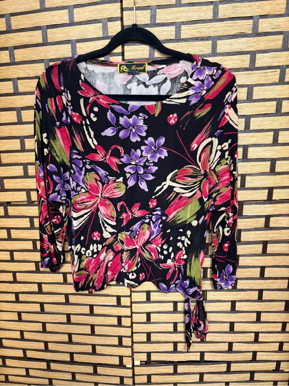 Mirasol black floral tie hem blouse size large